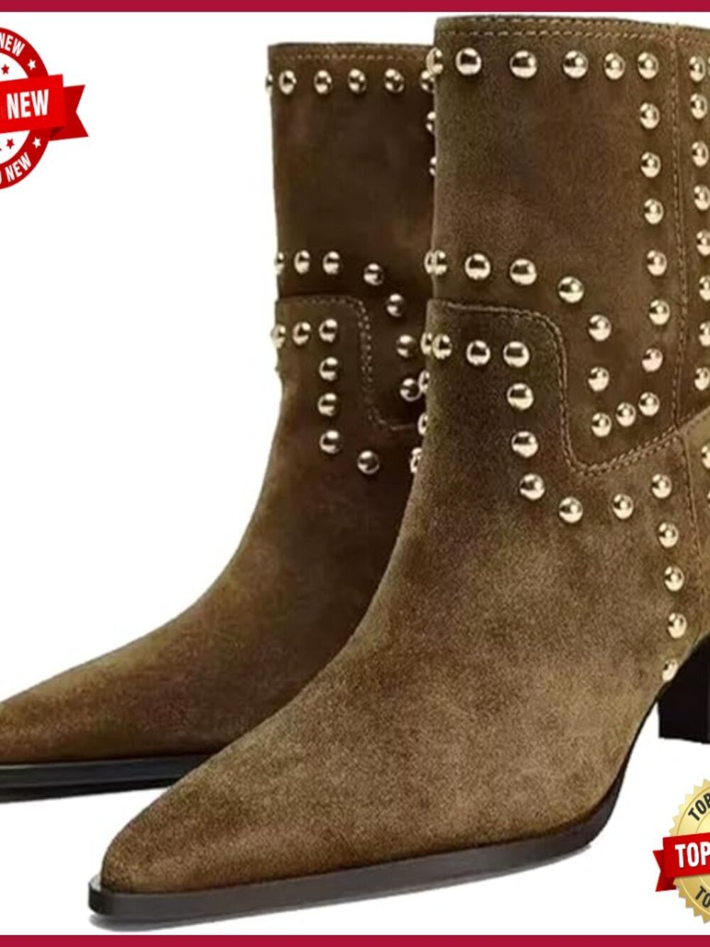 Suede Kitten Heel Booties with Rivets Pointed Toe Pull On Ankle Boots